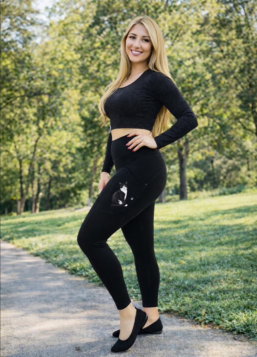 BLACK & WHITE TUXEDO CAT Ladies High Rise Leggings With Pockets URBAN ATHLETICS Brand By E&S Pets