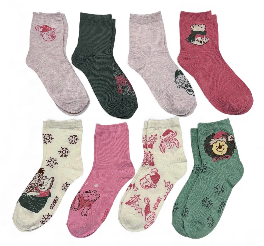 Disney Winnie The Pooh Ladies Christmas 8 Pair Of Socks Tigger, Piglet, EYEORE - Novelty Socks And Slippers