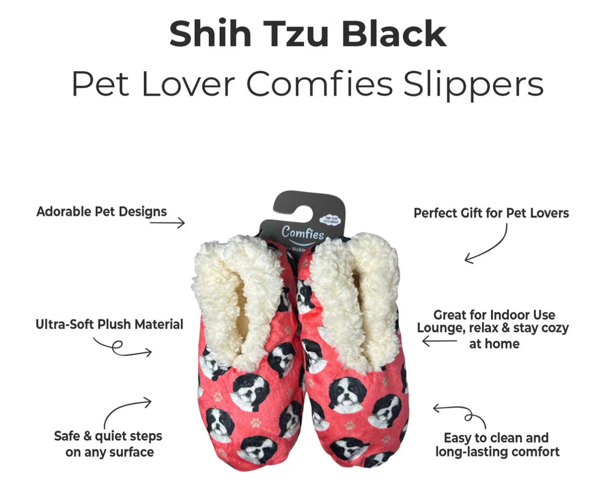 BLACK & WHITE SHIH TZU Dog Ladies Non-Slip Slippers COMFIES BRAND By E&S Pets - Novelty Socks And Slippers