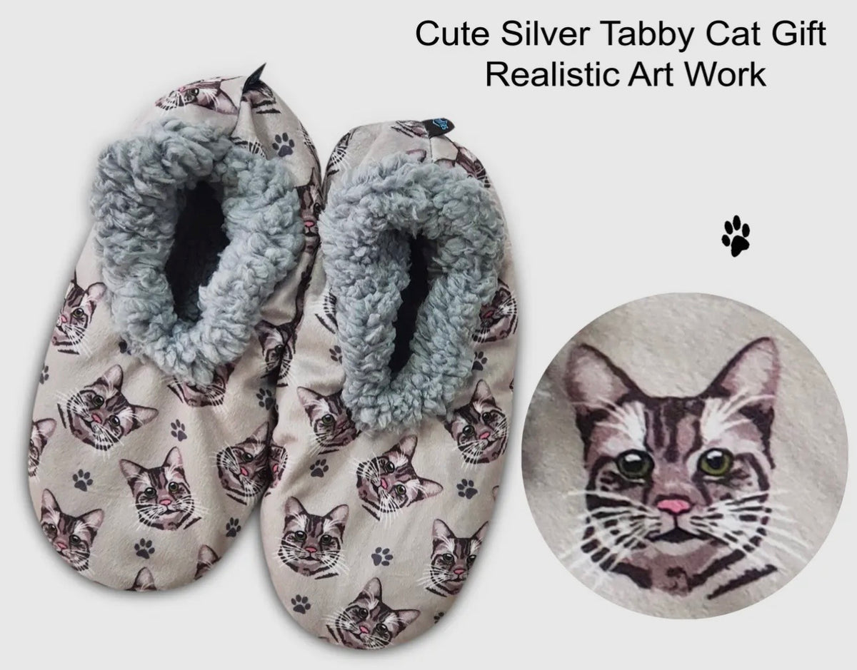 SILVER GRAY TABBY CAT Ladies Non-Slip Slippers COMFIES BRAND By E&S Pets - Novelty Socks And Slippers