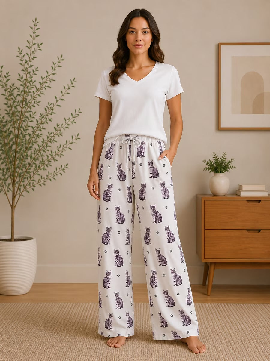 Silver Gray TABBY CAT Adult Unisex PAJAMA BOTTOMS COMFIES Brand By E&S PETS (CHOOSE SIZE)