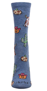 SPOOKY WESTERN HALLOWEEN Ladies Socks MeMoi Brand COW & CACTUS Pattern - Novelty Socks And Slippers