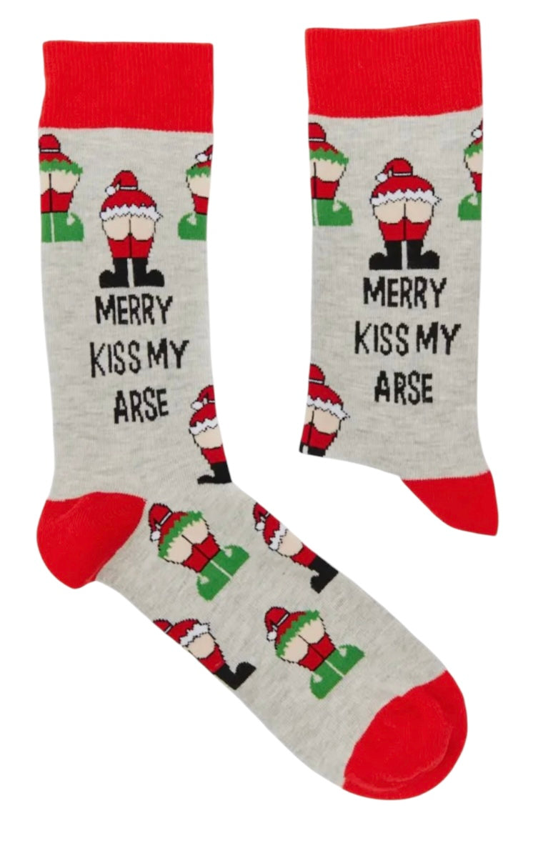 URBAN ECCENTRIC Brand Unisex SANTA MOONING Christmas Socks ‘MERRY KISS MY ARSE’ - Novelty Socks And Slippers