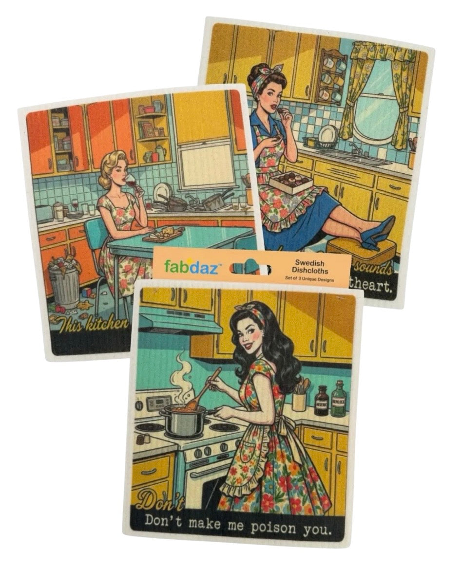 KITCHEN RETRO WIFE Set Of 3 Swedish Dishcloths ‘OH, You’re Hungry? That Sounds Like A You Problem, Sweetheart’