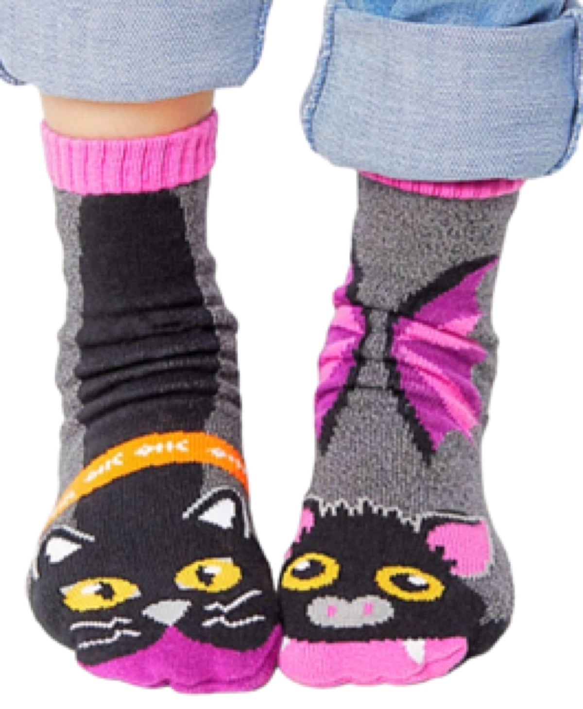 PALS Socks Brand Unisex HALLOWEEN BAT & BLACK CAT Mismatched Gripper Bottom Socks (CHOOSE SIZE) - Novelty Socks for Less
