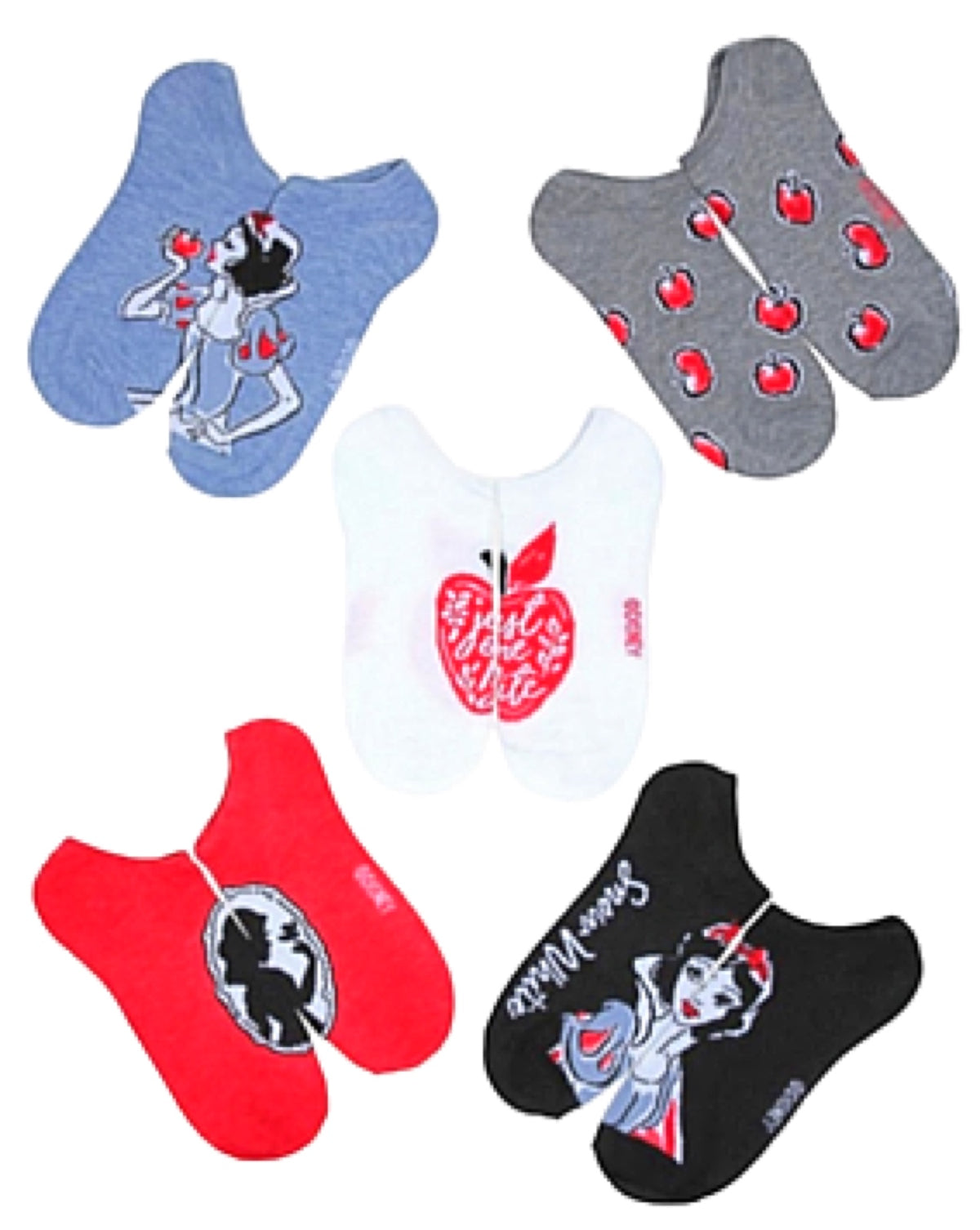 DISNEY SNOW WHITE Ladies 5 Pair of No Show Socks POISON APPLE ‘JUST ONE BITE’ - Novelty Socks for Less