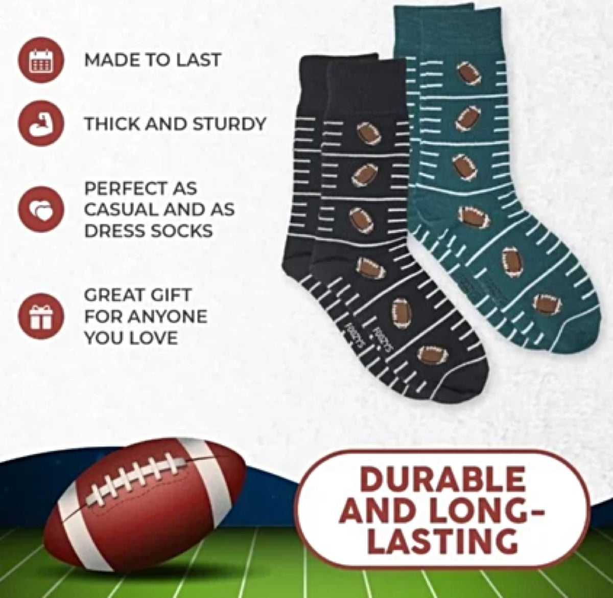 FOOZYS BRAND Men’s 2 Pair OF FOOTBALL SOCKS - Novelty Socks for Less