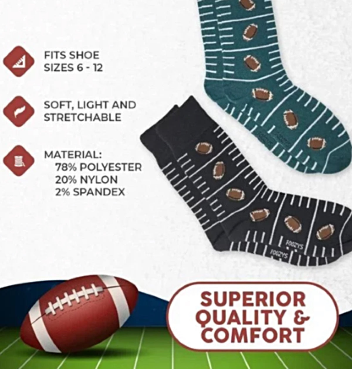 FOOZYS BRAND Men’s 2 Pair OF FOOTBALL SOCKS - Novelty Socks for Less