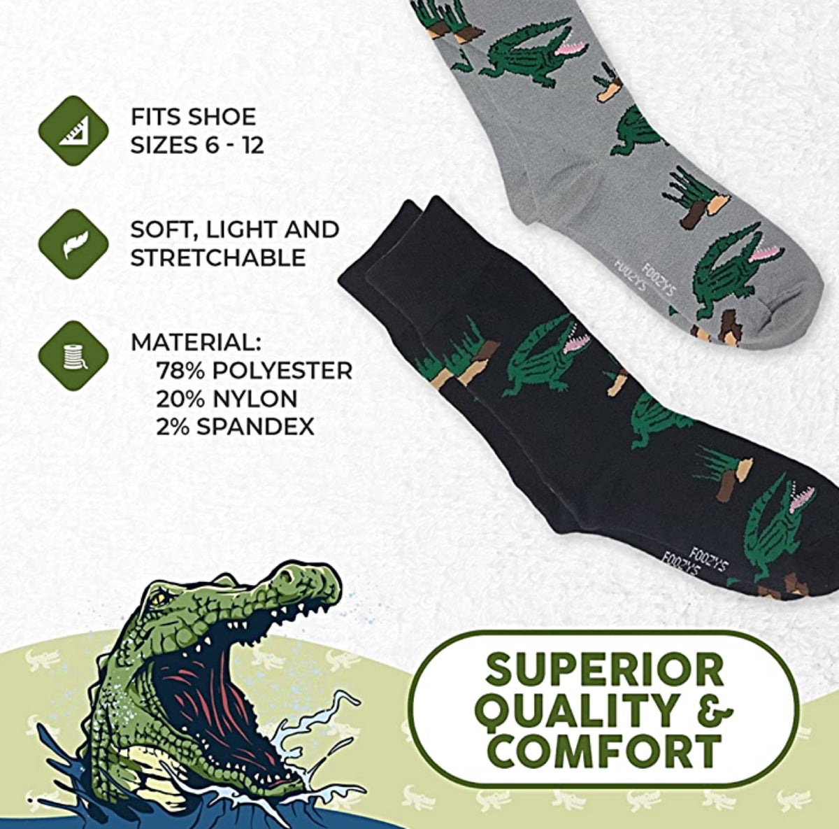 FOOZYS Brand Men’s 2 Pair ALLIGATOR/CROCODILE Socks - Novelty Socks for Less