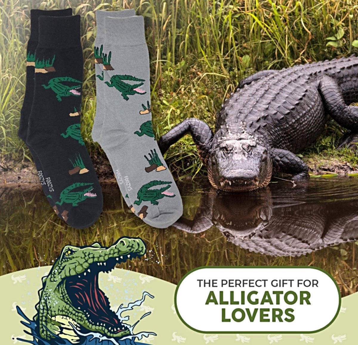 FOOZYS Brand Men’s 2 Pair ALLIGATOR/CROCODILE Socks - Novelty Socks for Less