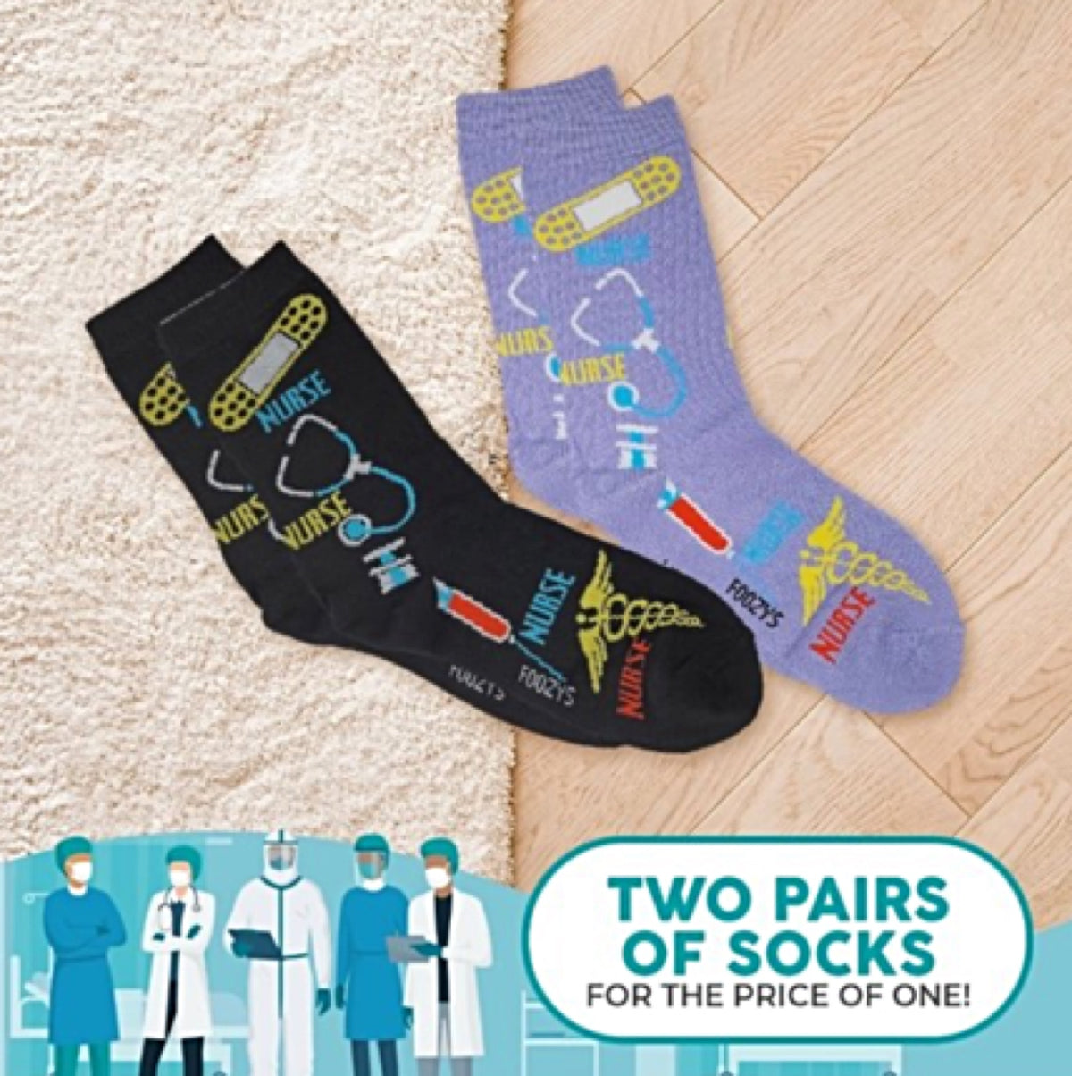 FOOZYS BRAND LADIES 2 Pair OF NURSE Socks - Novelty Socks for Less