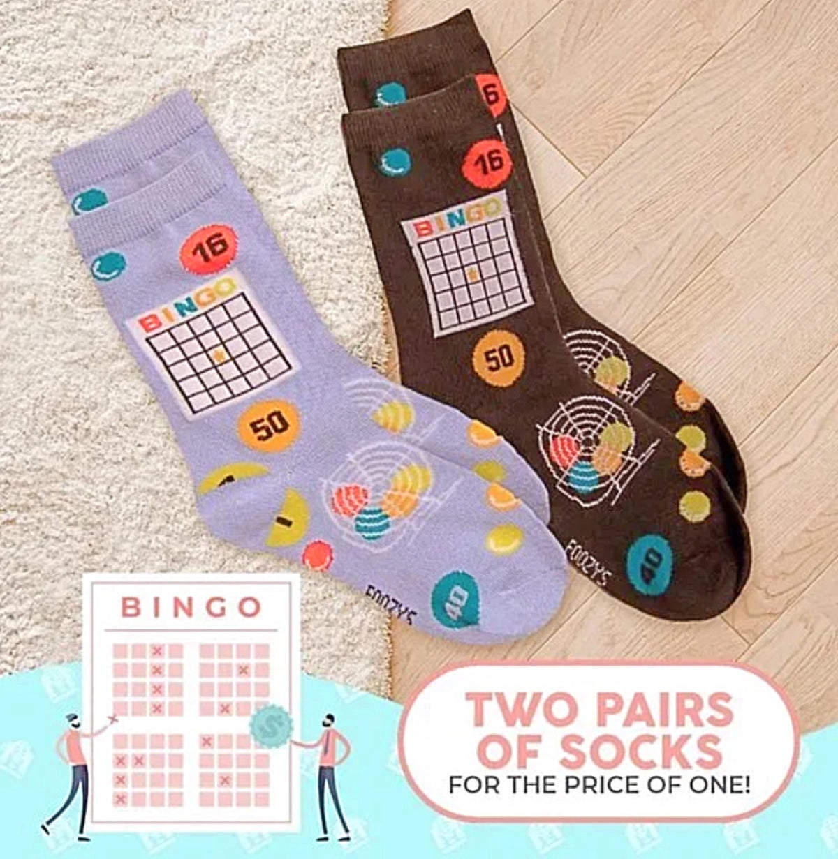 FOOZYS Ladies 2 Pair BINGO BOARD GAME Socks - Novelty Socks for Less