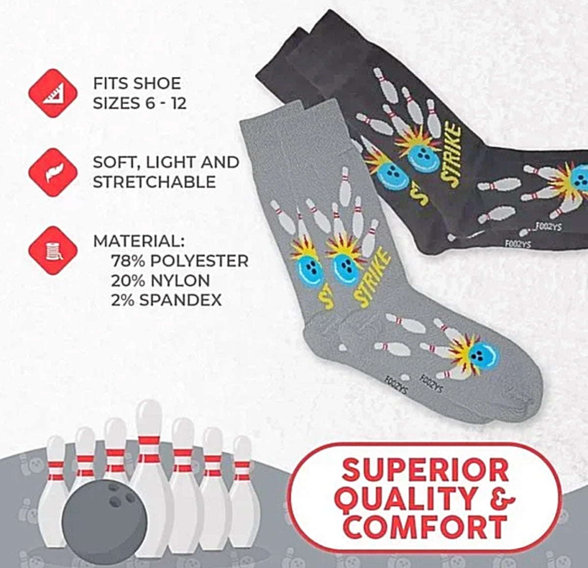 FOOZYS BRAND MEN’S 2 PAIR OF BOWLING SOCKS - Novelty Socks for Less