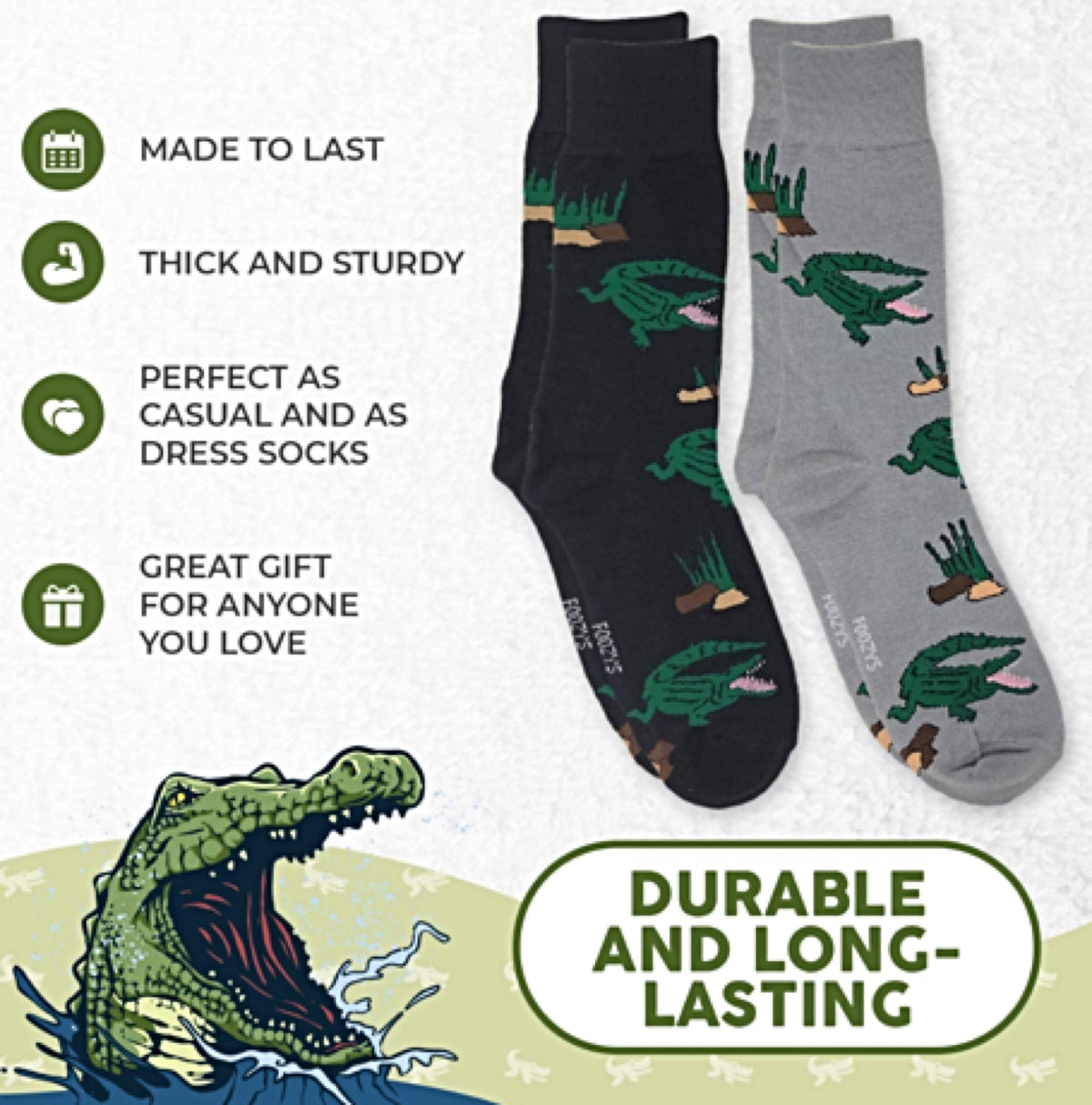 FOOZYS Brand Men’s 2 Pair ALLIGATOR/CROCODILE Socks - Novelty Socks for Less