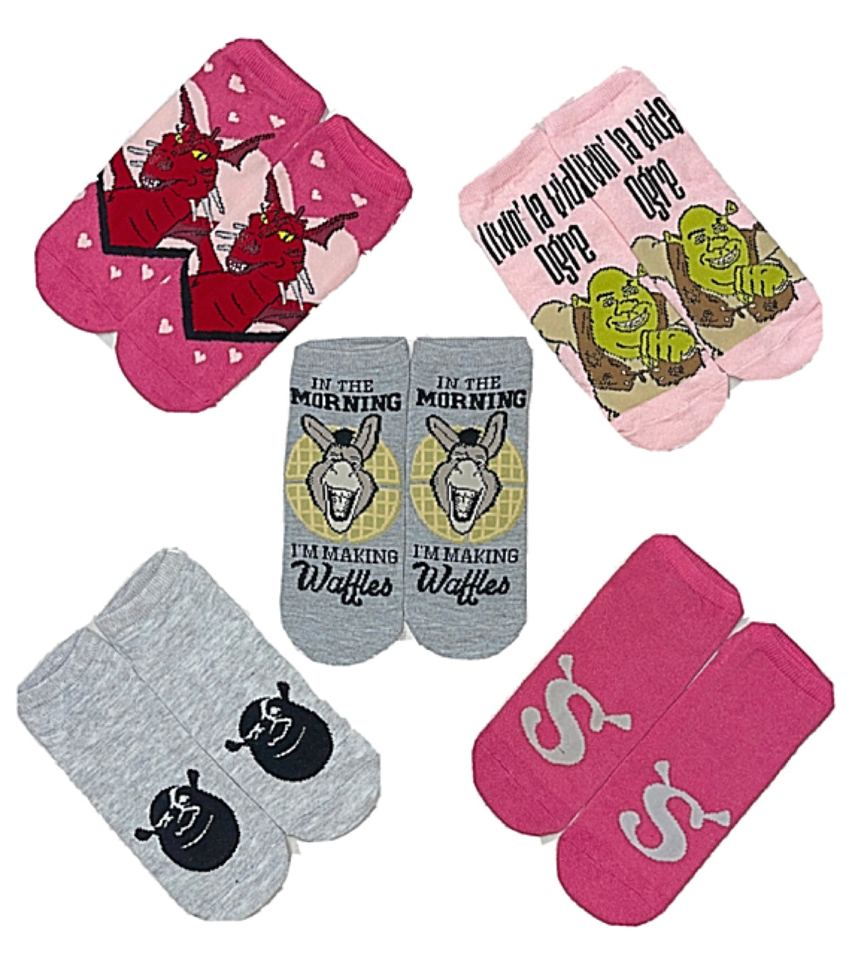 SHREK THE MOVIE Ladies 5 Pair Of No Show Socks ‘IN THE MORNING I’M MAKING WAFFLES’ - Novelty Socks for Less