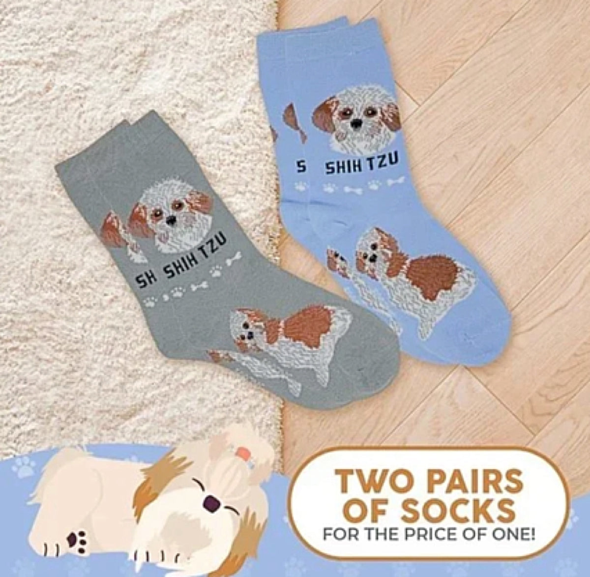 FOOZYS BRAND Ladies 2 Pair SHIH TZU Socks - Novelty Socks for Less