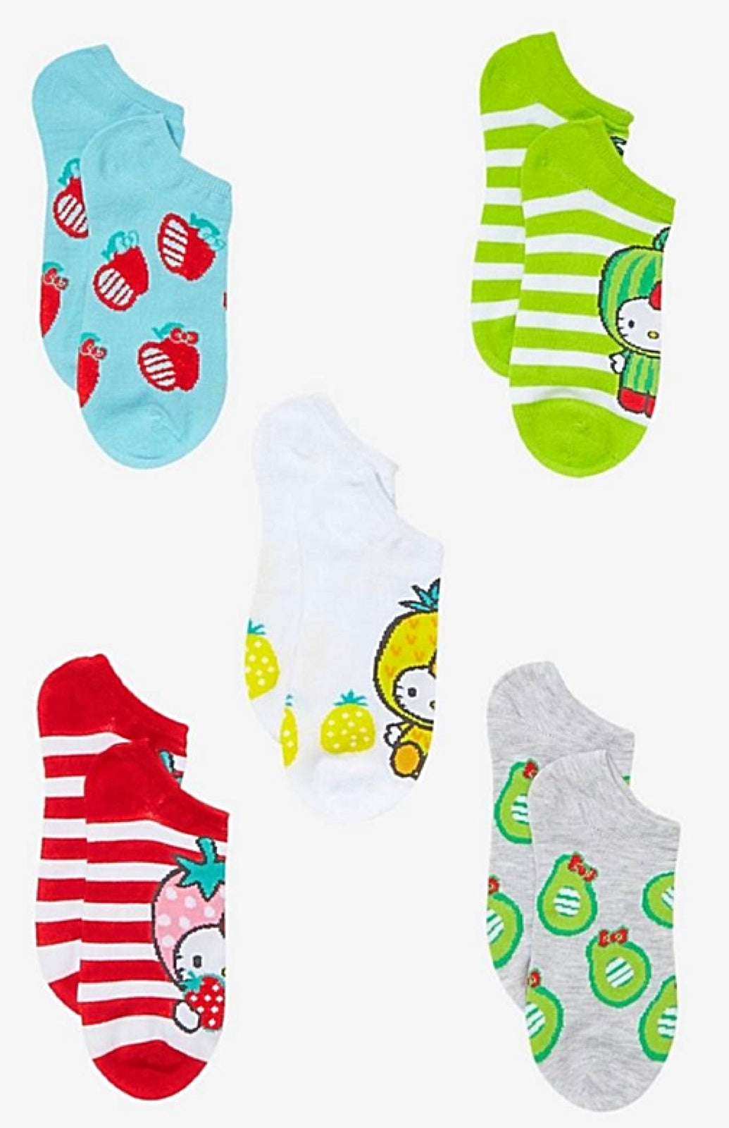 HELLO KITTY Ladies 5 Pair Of FRUIT No Show Socks - Novelty Socks for Less