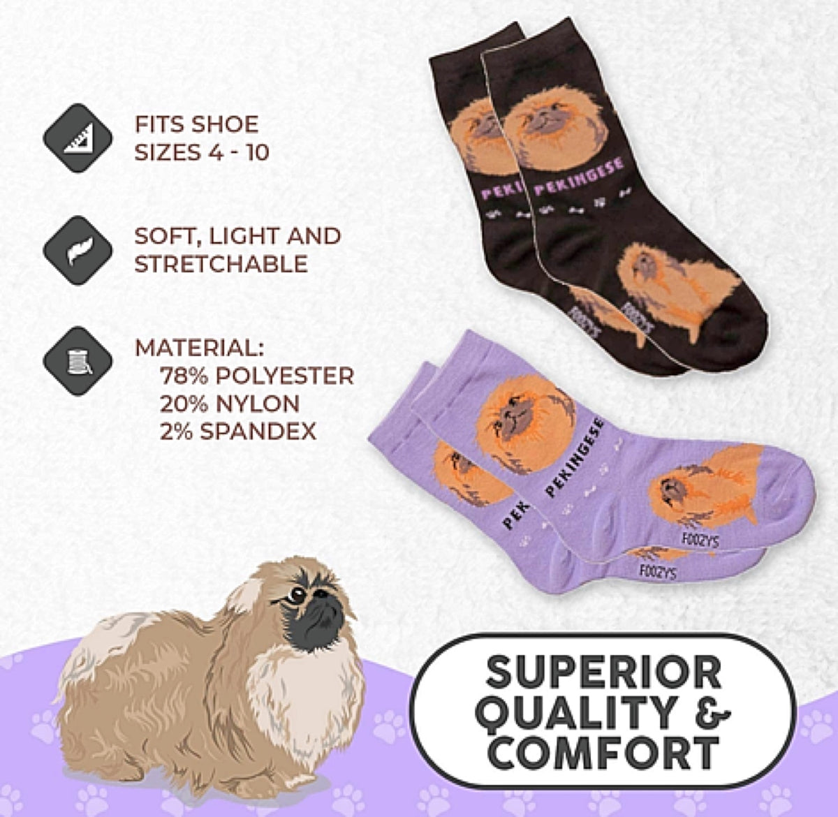 FOOZYS Brand Ladies 2 Pair Of PEKINGESE DOG SOCKS - Novelty Socks for Less