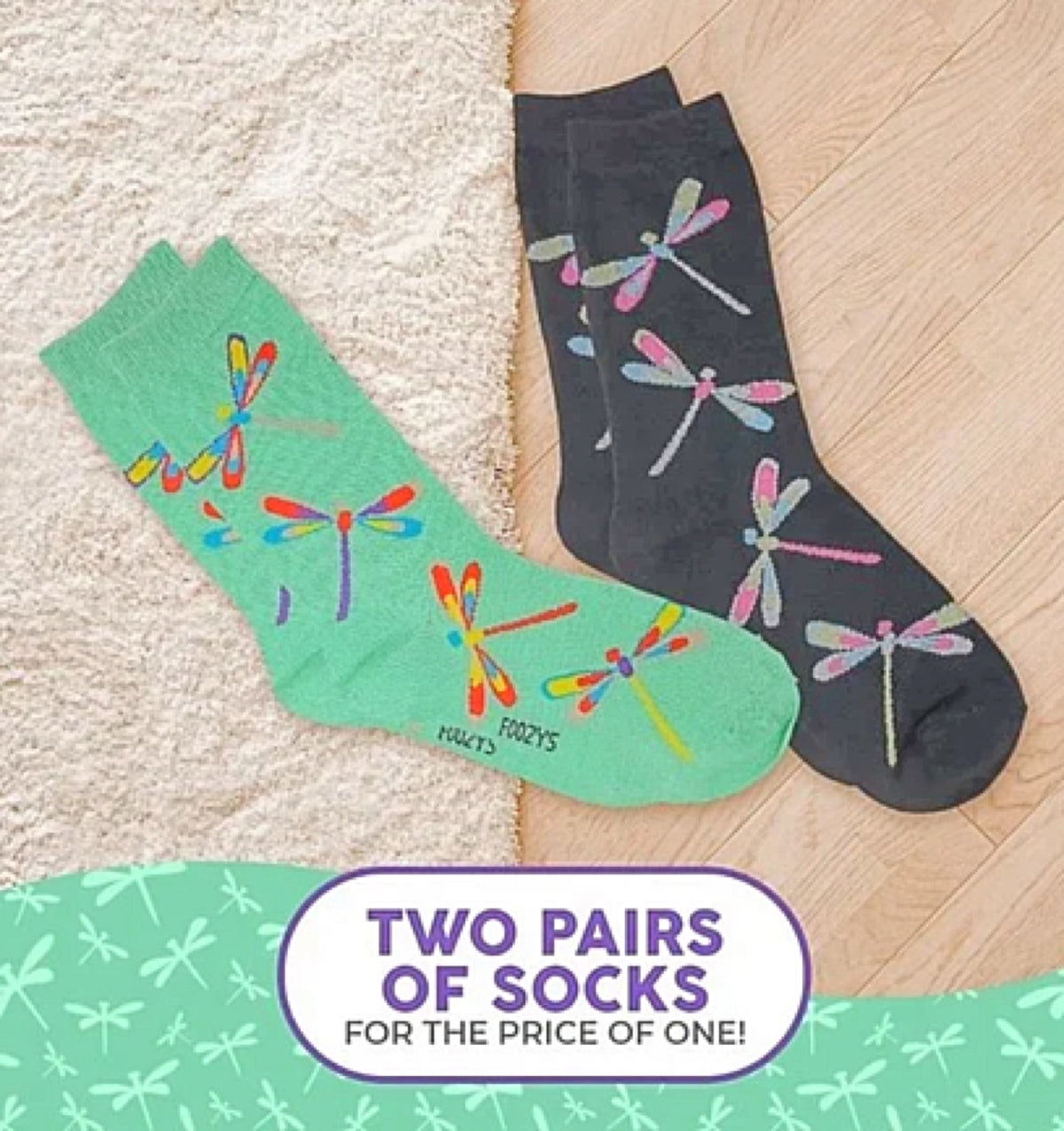 FOOZYS BRAND Ladies 2 PAIR DRAGONFLY Socks - Novelty Socks for Less