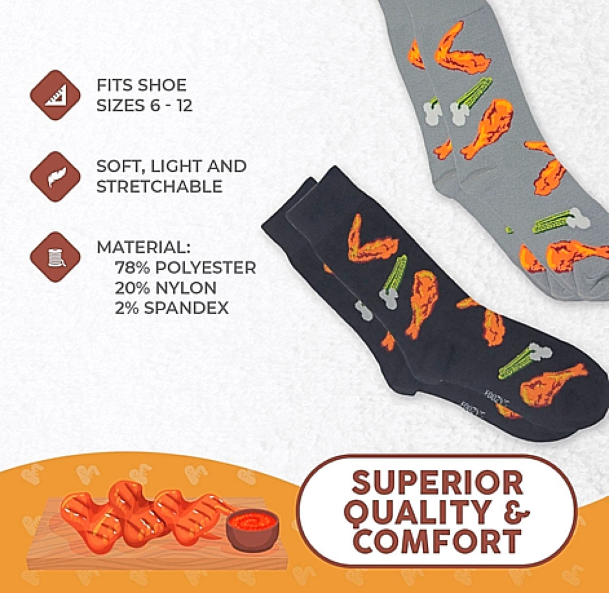 FOOZYS BRAND MEN’S BUFFALO HOT WINGS 2 PAIR SOCKS - Novelty Socks for Less