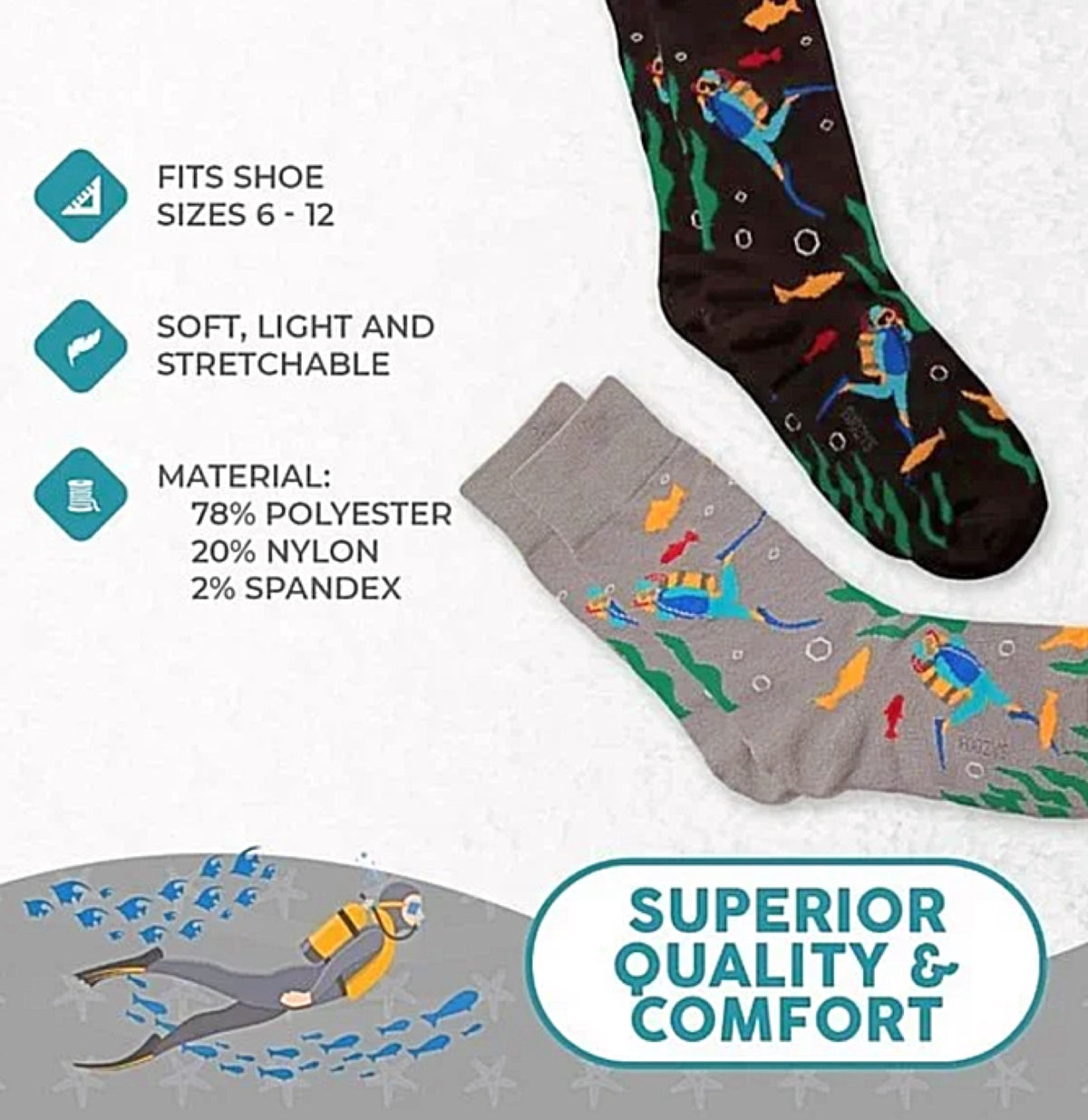 FOOZYS BRAND MEN’S 2 PAIR SCUBA DIVING/DIVER SOCKS - Novelty Socks for Less
