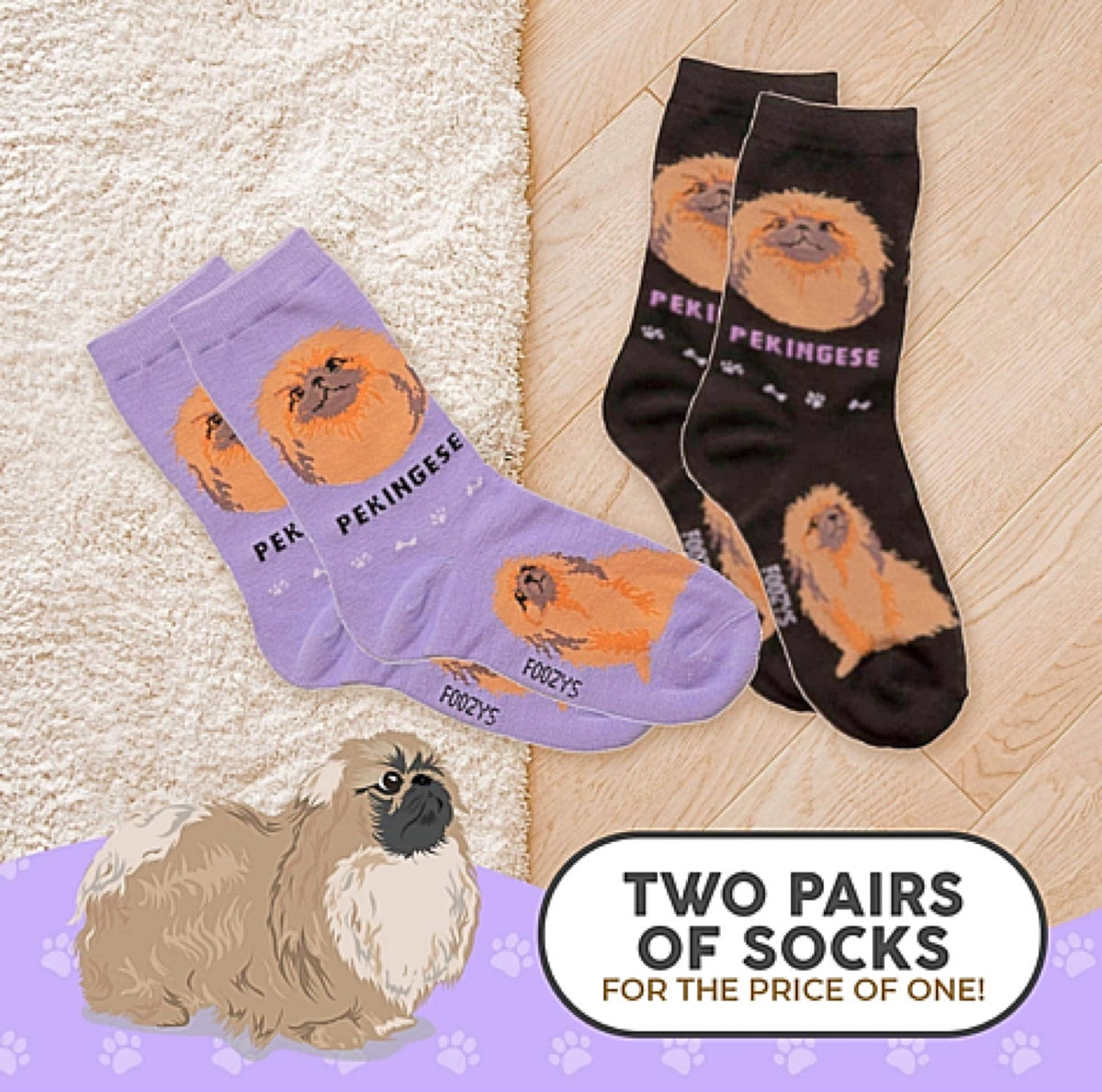 FOOZYS Brand Ladies 2 Pair Of PEKINGESE DOG SOCKS - Novelty Socks for Less