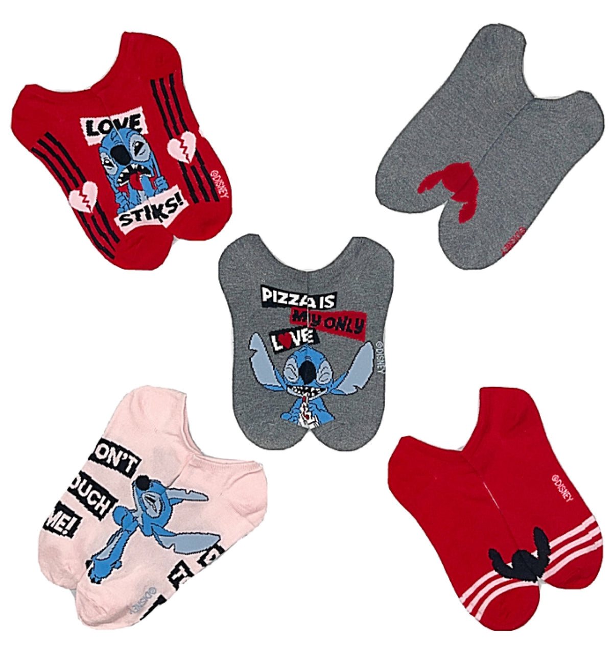 DISNEY LILO & STITCH Ladies 5 Pair Of VALENTINES DAY No Show Socks - Novelty Socks for Less