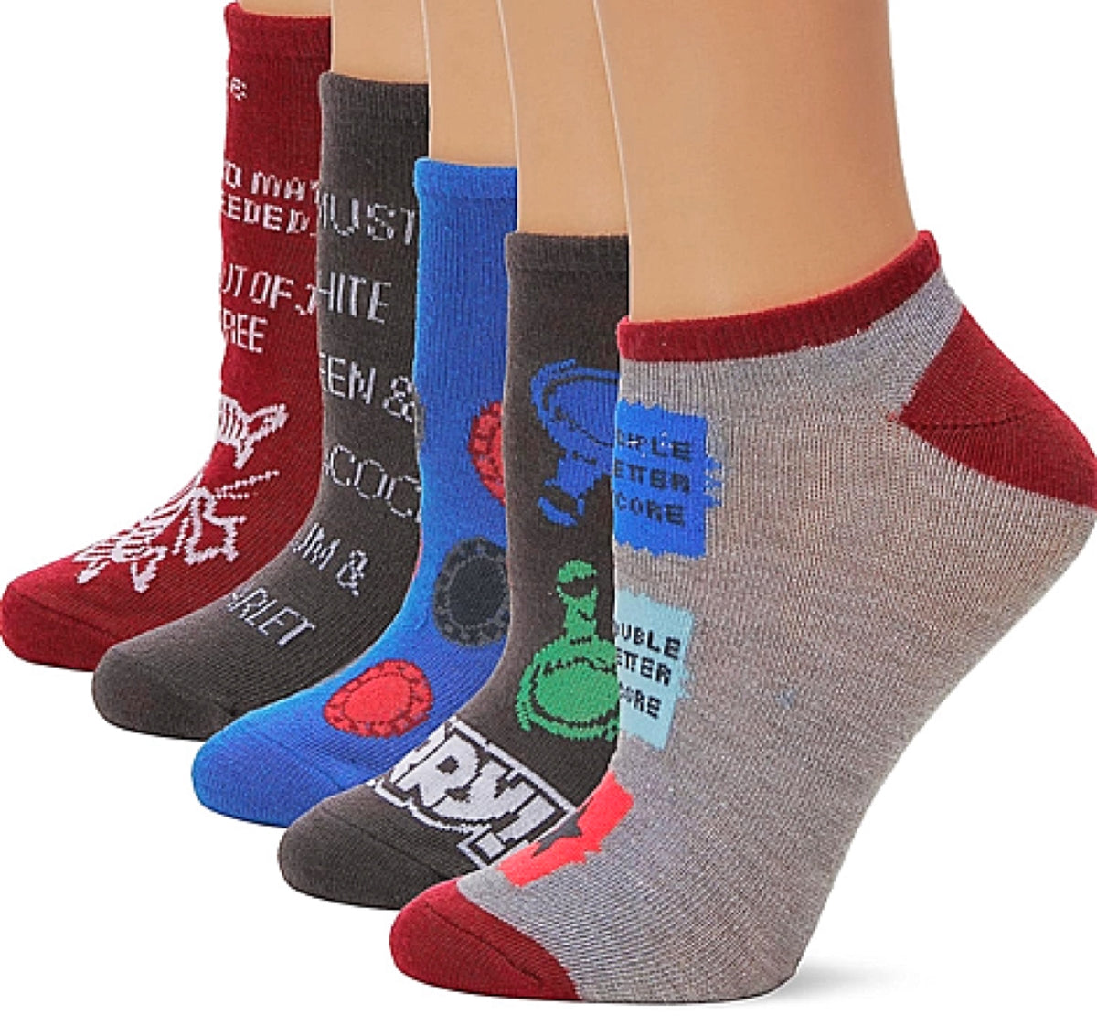 HASBRO GAMES Ladies 5 Pair Of No Show Socks CLUE, CONNECT FOUR, SCRABBLE - Novelty Socks for Less