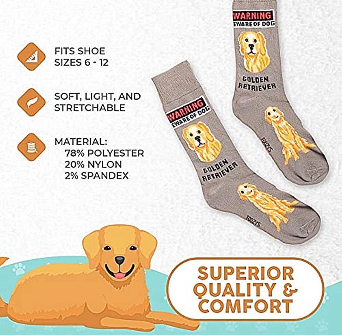 FOOZYS Brand Men’s GOLDEN RETRIEVER WARNING BEWARE OF DOG Socks - Novelty Socks for Less