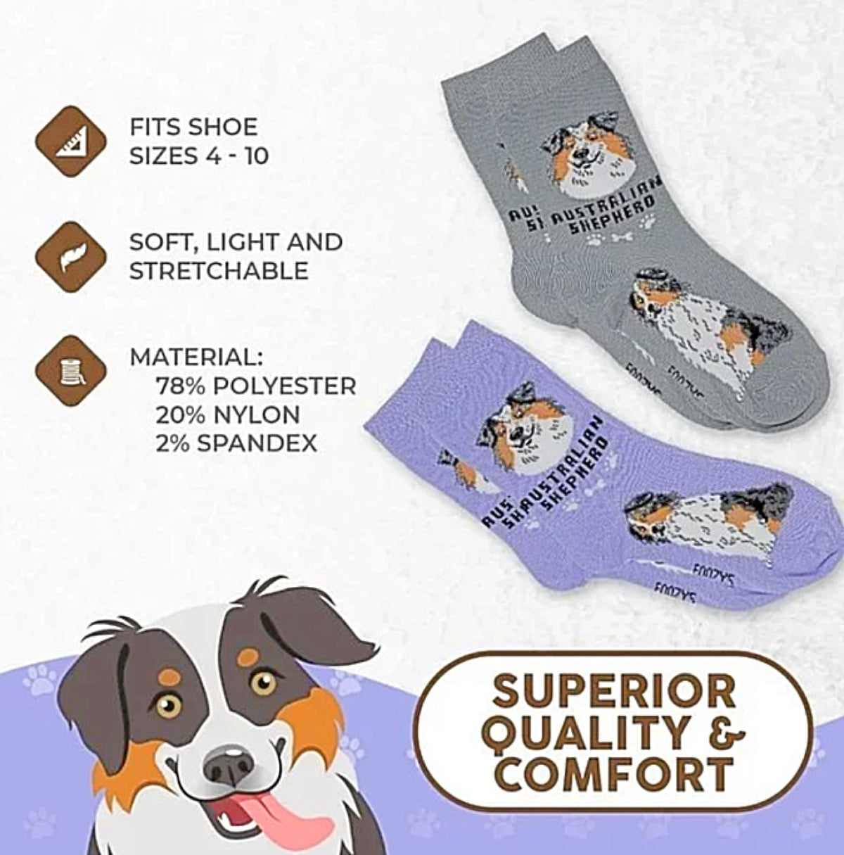 FOOZYS BRAND Ladies 2 Pair AUSTRALIAN SHEPHERD Socks - Novelty Socks for Less