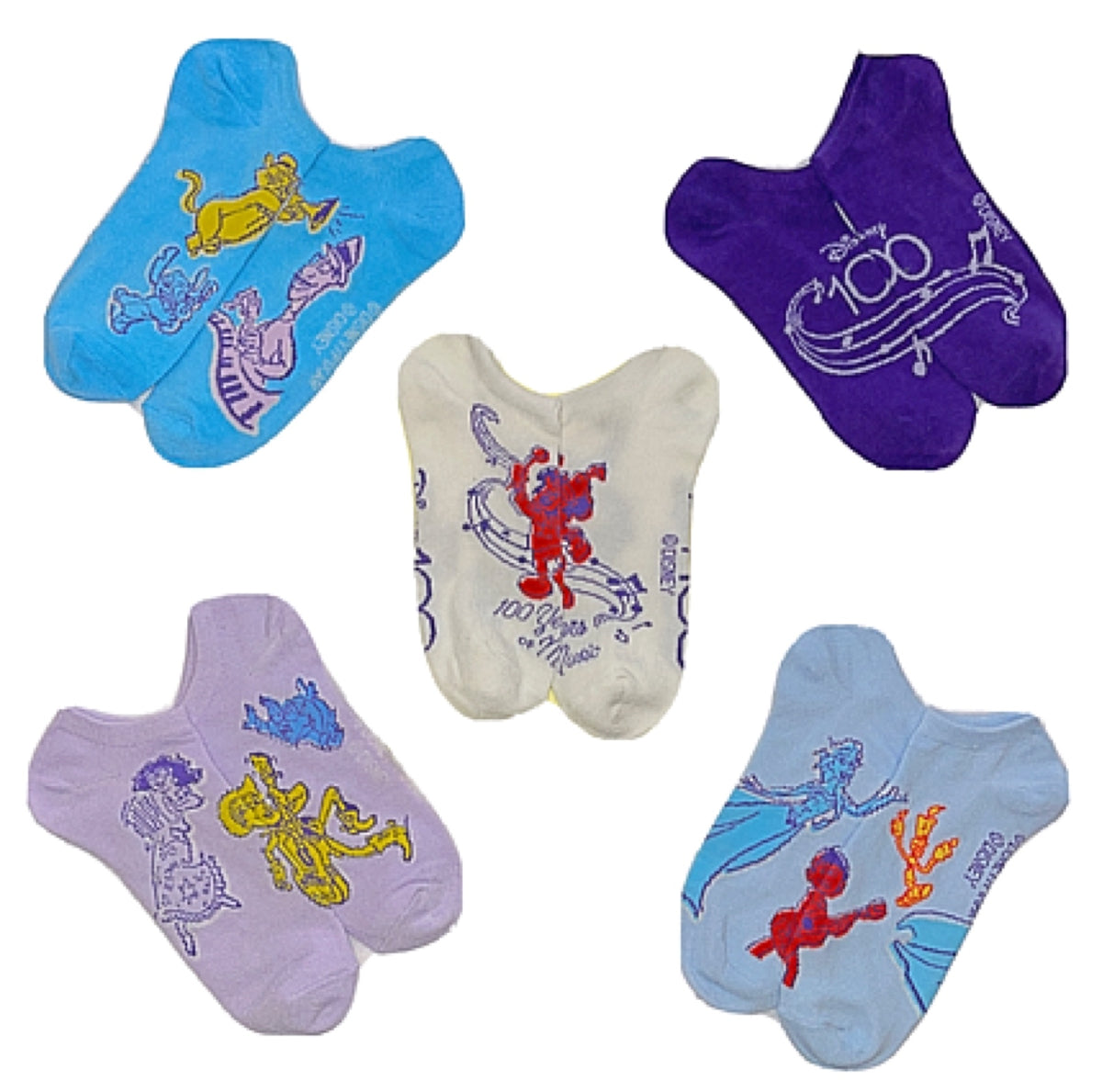 DISNEY 100 Years Ladies 5 Pair Of No Show Socks LUMIERE, ELSA, SCAT CAT - Novelty Socks for Less