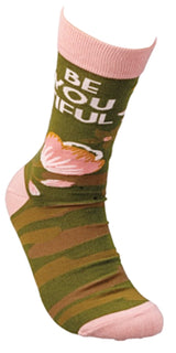 PRIMITIVES BY KATHY Unisex CAMO PRINT Socks Says ‘BE YOU TIFUL’ - Novelty Socks for Less