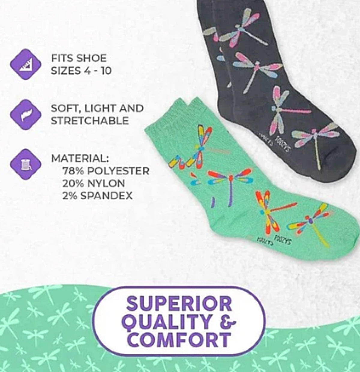 FOOZYS BRAND Ladies 2 PAIR DRAGONFLY Socks - Novelty Socks for Less