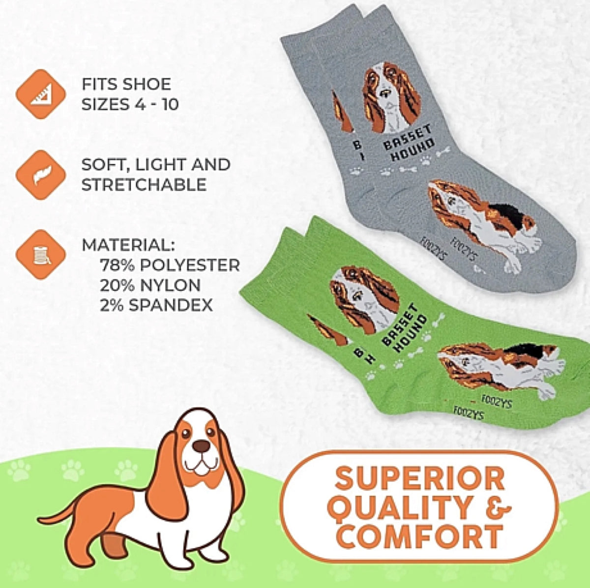 FOOZYS BRAND LADIES 2 PAIR BASSET HOUND DOG SOCKS - Novelty Socks for Less