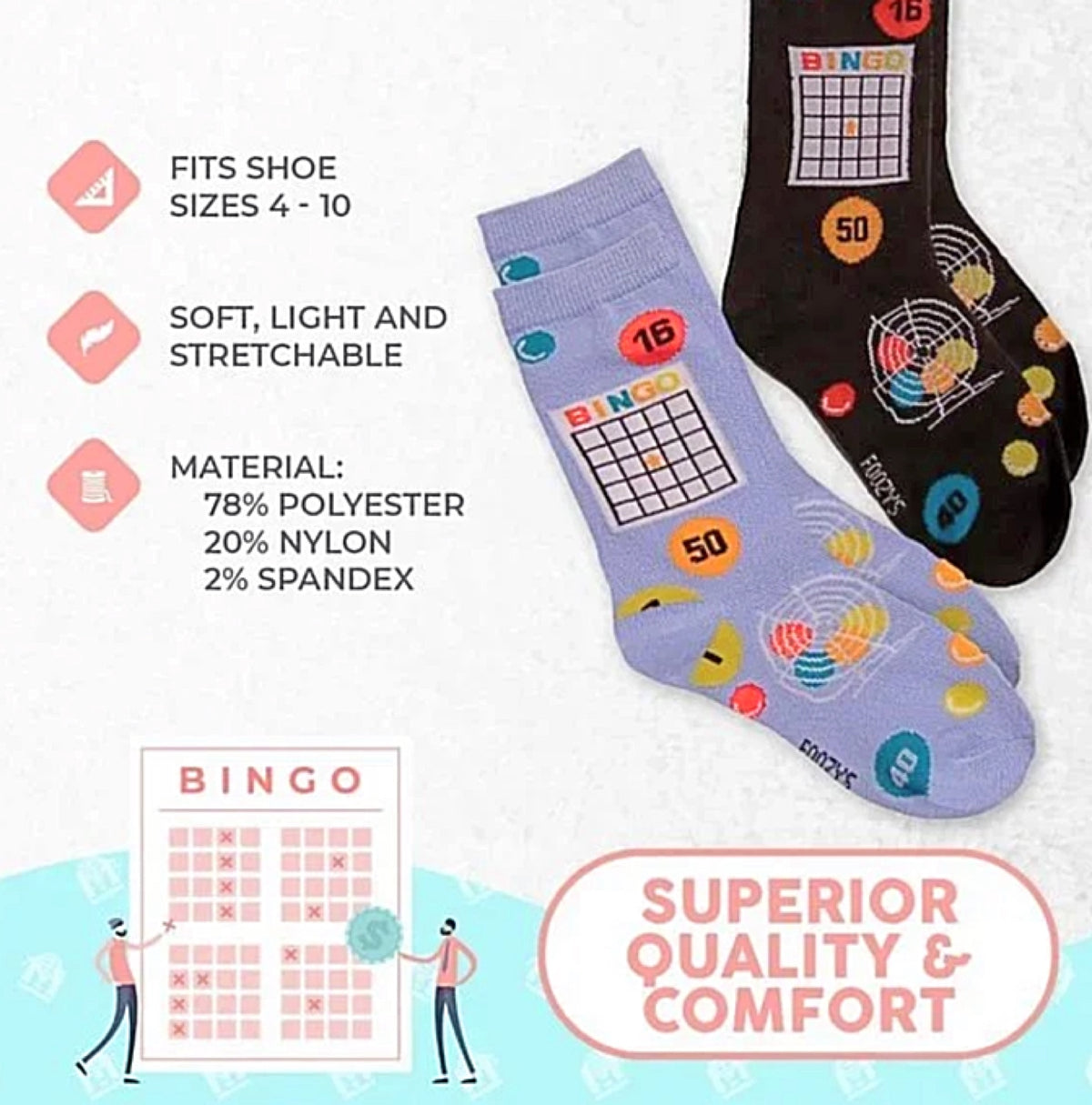 FOOZYS Ladies 2 Pair BINGO BOARD GAME Socks - Novelty Socks for Less