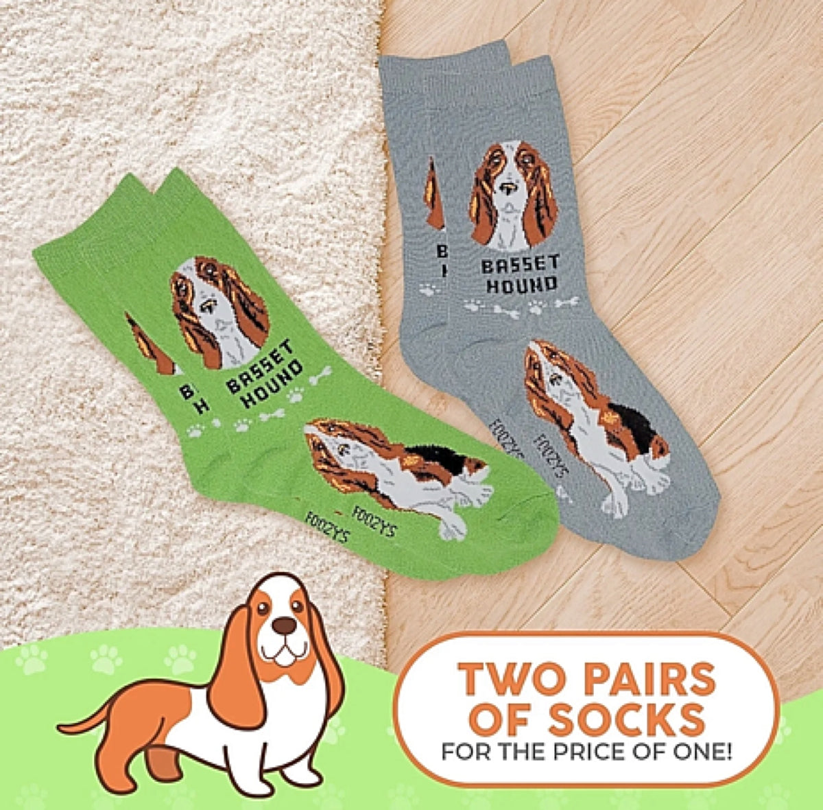 FOOZYS BRAND LADIES 2 PAIR BASSET HOUND DOG SOCKS - Novelty Socks for Less