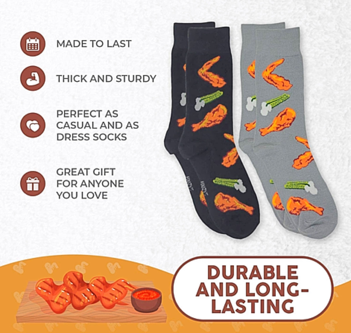 FOOZYS BRAND MEN’S BUFFALO HOT WINGS 2 PAIR SOCKS - Novelty Socks for Less