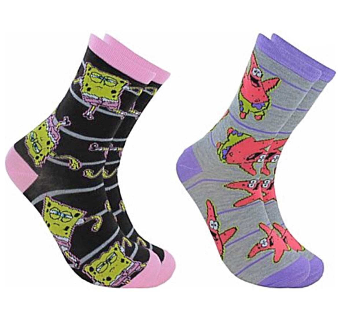SPONGEBOB SQUAREPANTS LADIES 2 PAIR CREW SOCKS WITH PATRICK - Novelty Socks for Less