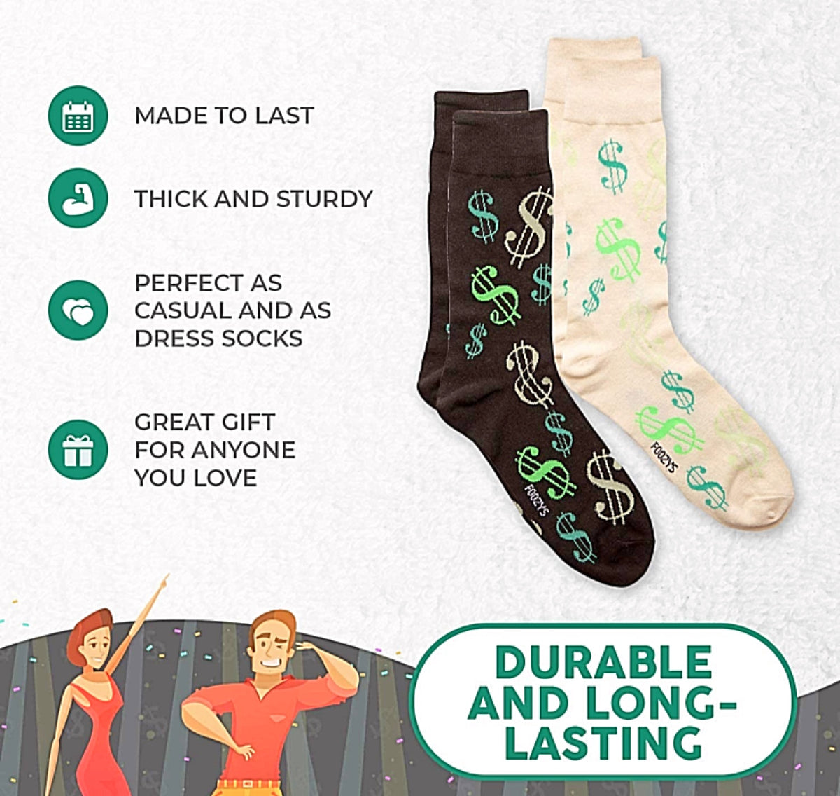 FOOZYS BRAND MEN’S 2 PAIR OF DOLLAR SIGNS/MONEY SOCKS - Novelty Socks for Less