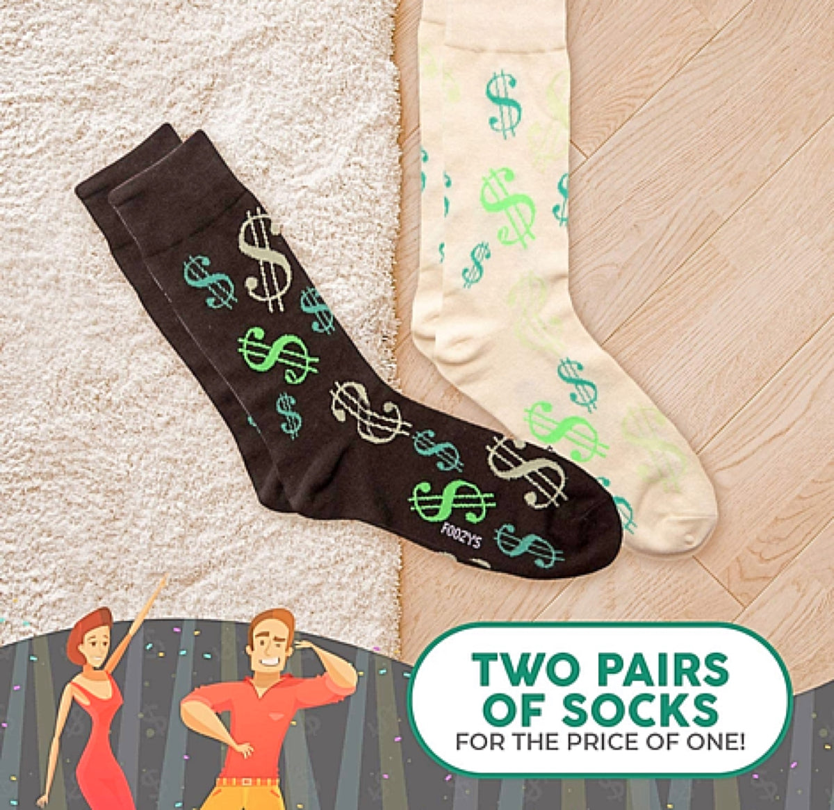 FOOZYS BRAND MEN’S 2 PAIR OF DOLLAR SIGNS/MONEY SOCKS - Novelty Socks for Less
