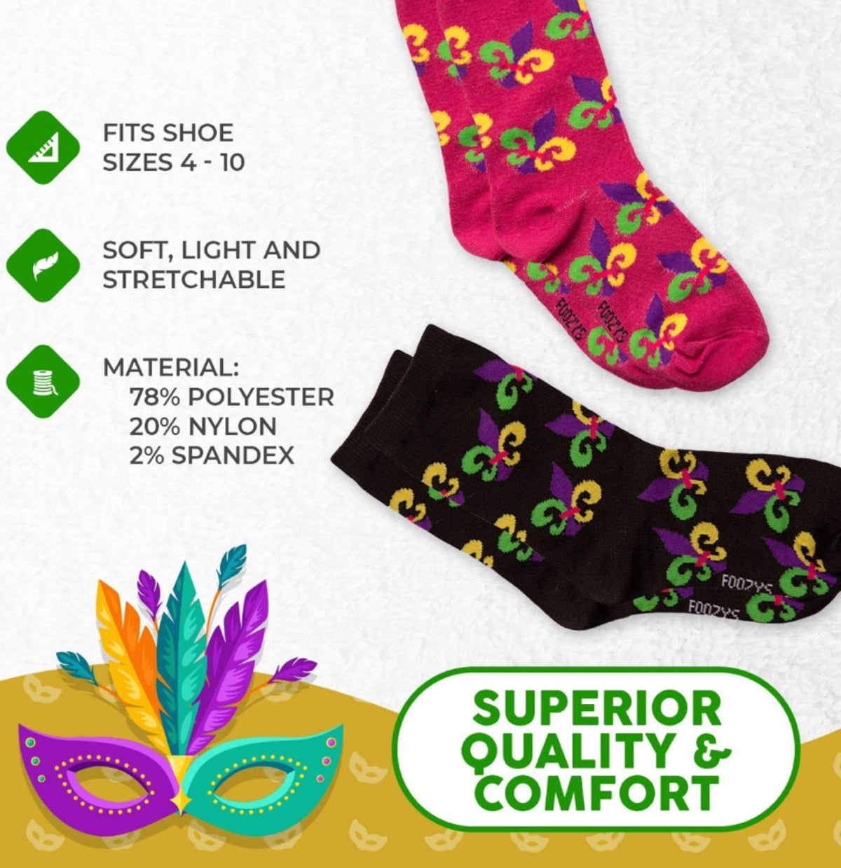 FOOZYS Brand Ladies 2 Pair MARDI GRAS Socks - Novelty Socks for Less