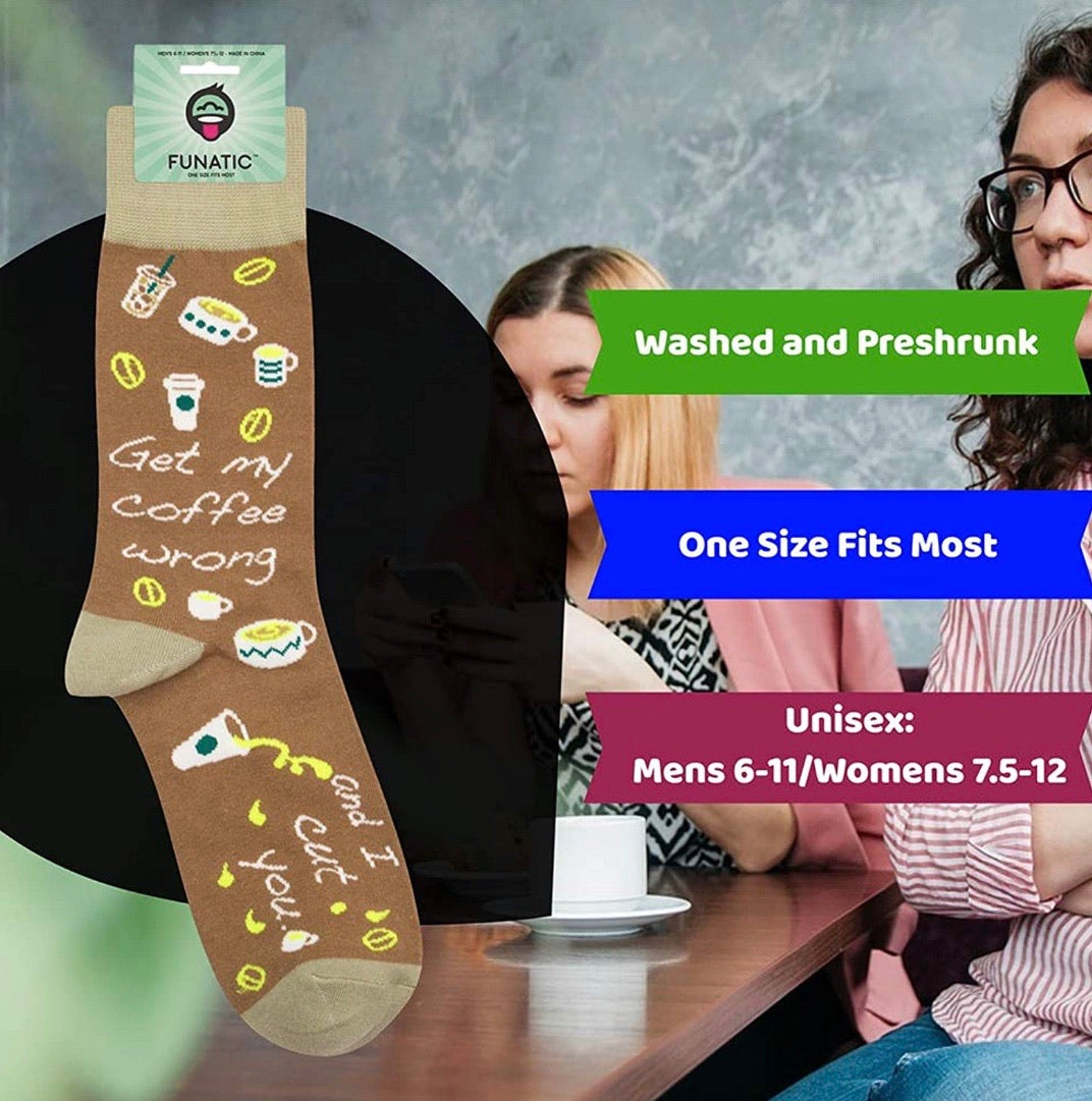 FUNATIC Brand Unisex ‘GET MY COFFEE WRONG, I CUT YOU’ Socks - Novelty Socks for Less