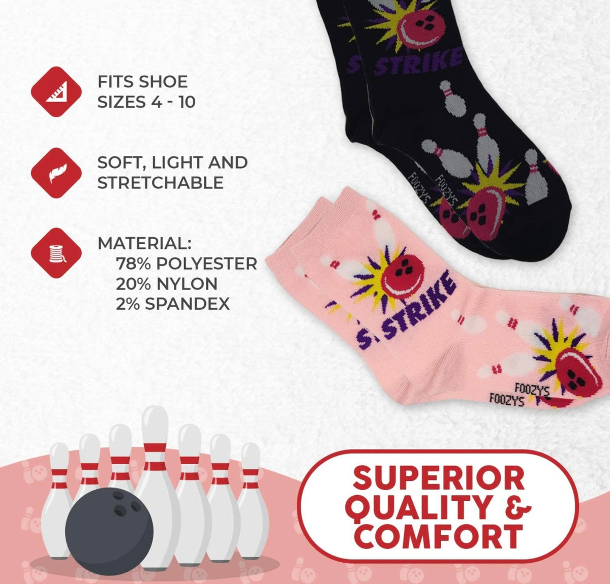 FOOZYS Brand LADIES 2 PAIR OF BOWLING SOCKS - Novelty Socks for Less
