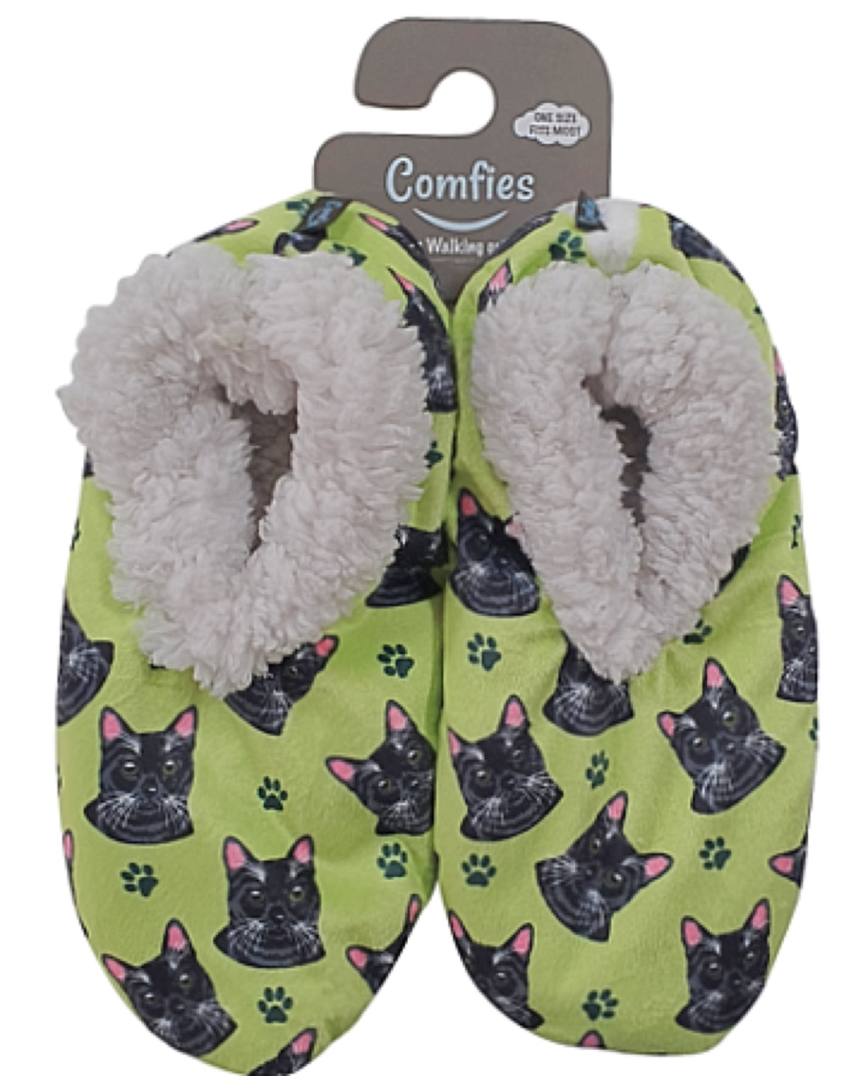 COMFIES BRAND Ladies BLACK CAT Non-Skid SLIPPERS - Novelty Socks for Less