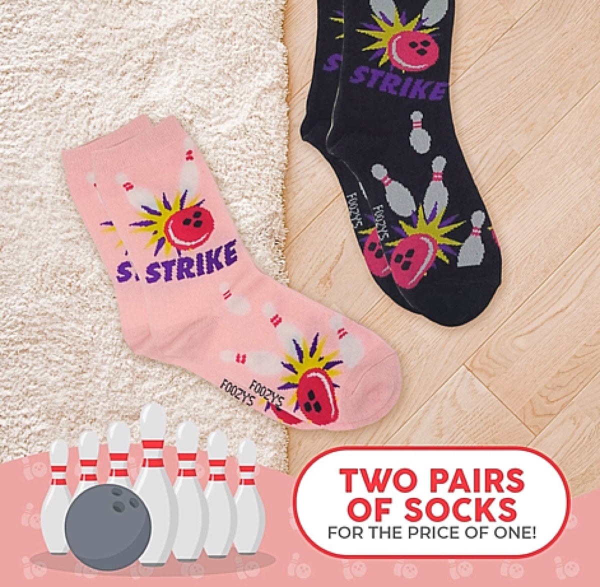 FOOZYS Brand LADIES 2 PAIR OF BOWLING SOCKS - Novelty Socks for Less