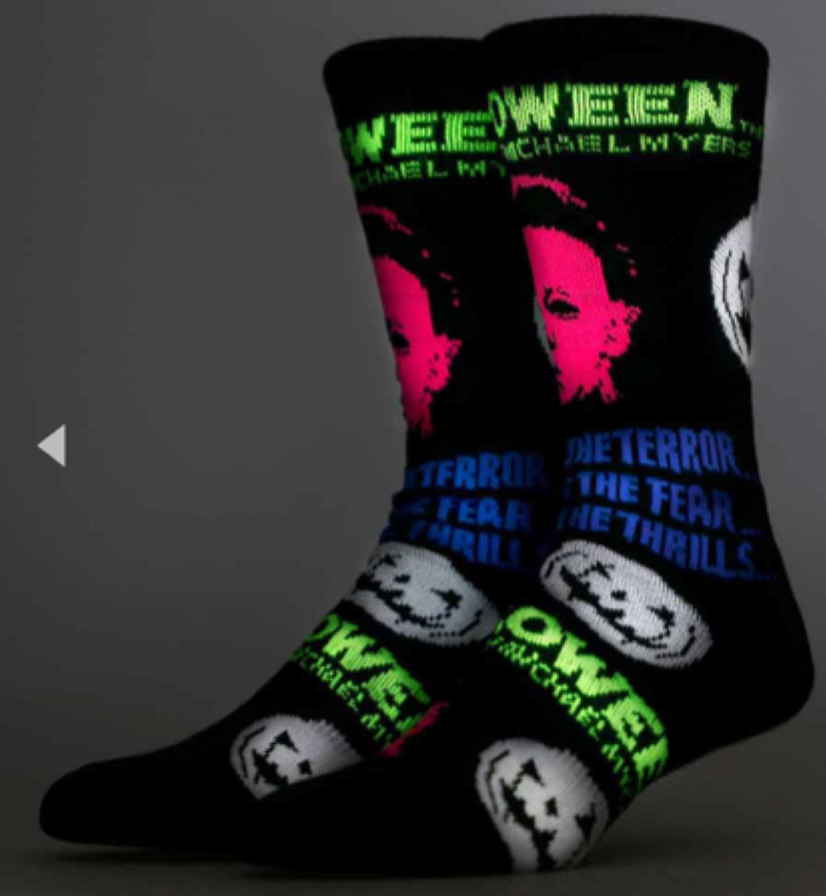 HALLOWEEN MENS MICHAEL MYERS BLACK LIGHT CREW SOCKS BIOWORLD BRAND - Novelty Socks for Less