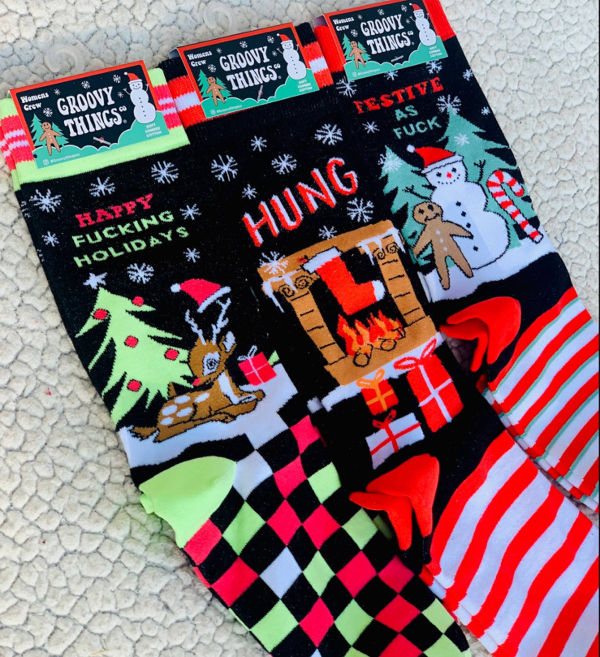 GROOVY THINGS BRAND MEN’S CHRISTMAS SOCKS ‘HUNG’ WITH CHRISTMAS STOCKING - Novelty Socks for Less