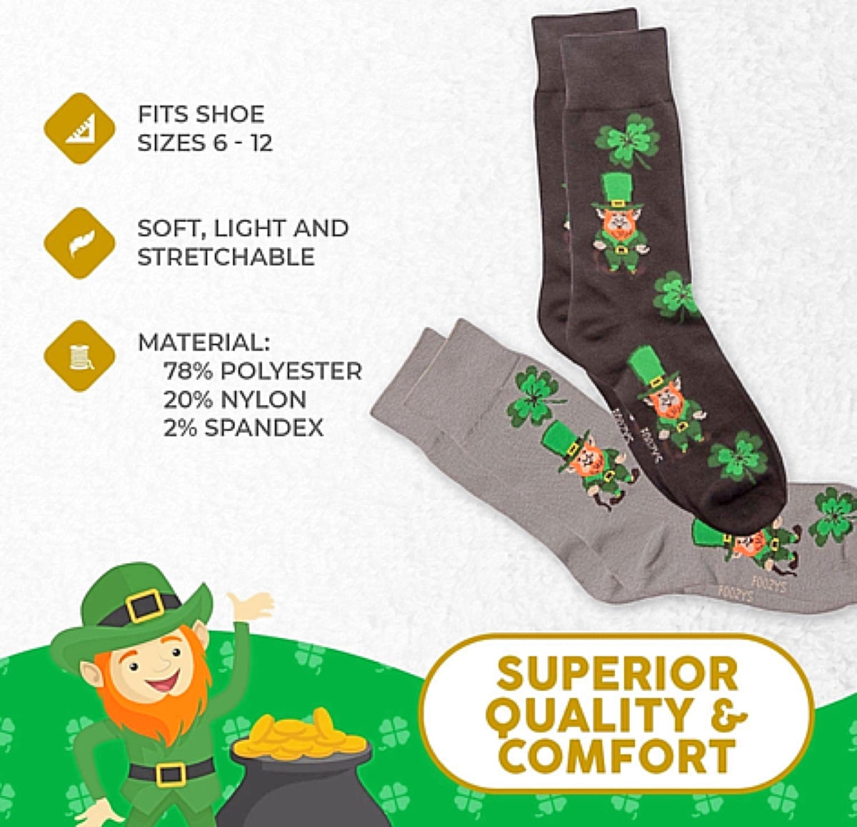 FOOZYS Brand Men’s SAINT PATRICKS DAY 2 Pair Of Socks - Novelty Socks for Less