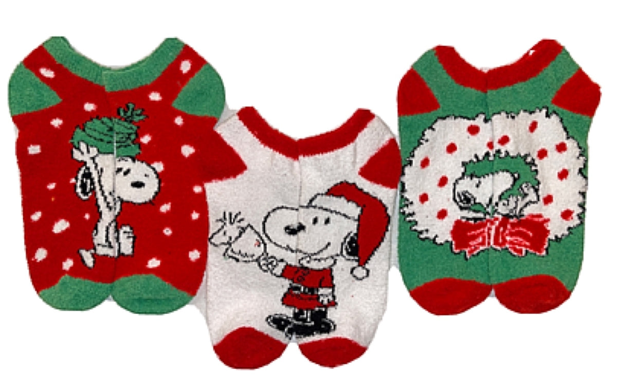 PEANUTS LADIES CHRISTMAS 3 PAIR OF CUSHION ANKLE SOCKS - Novelty Socks for Less