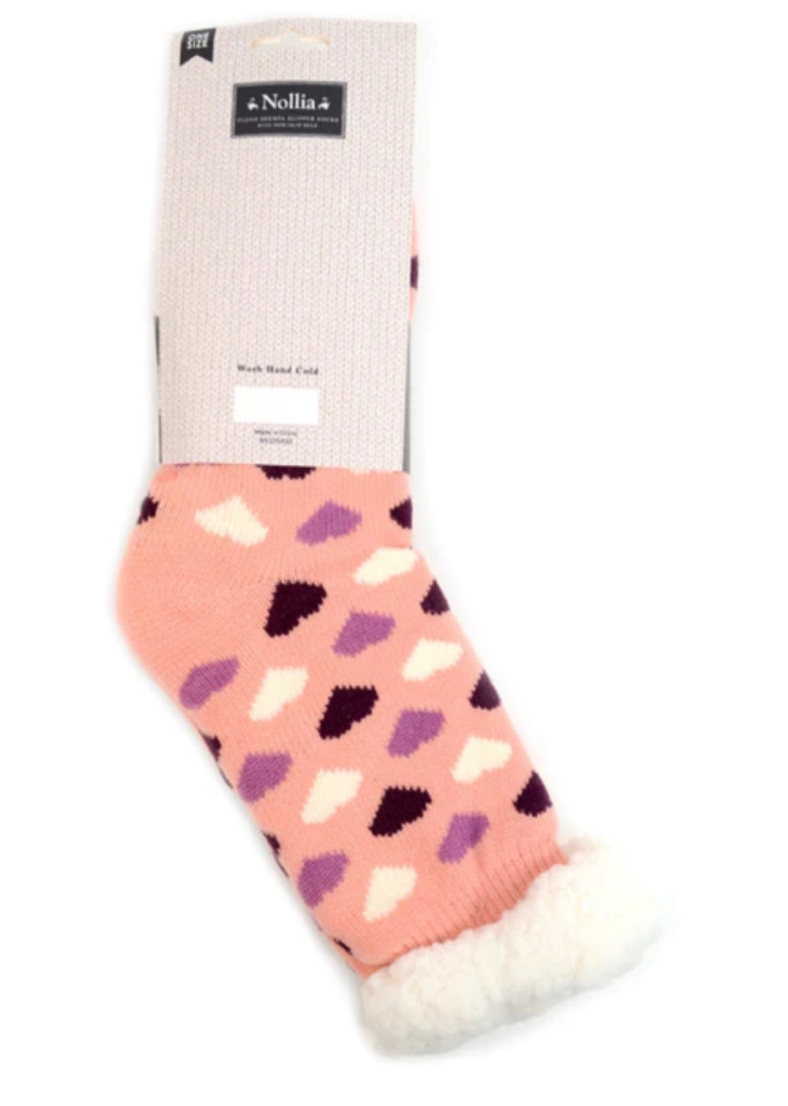 NOLLIA BRAND Ladies PINK HEART NON-SKID SHERPA SLIPPER SOCKS - Novelty Socks for Less